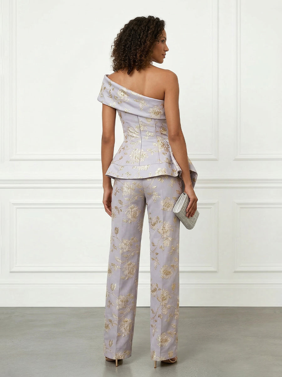 One Shoulder Jacquard Mother of the Bride & Groom Pantsuits