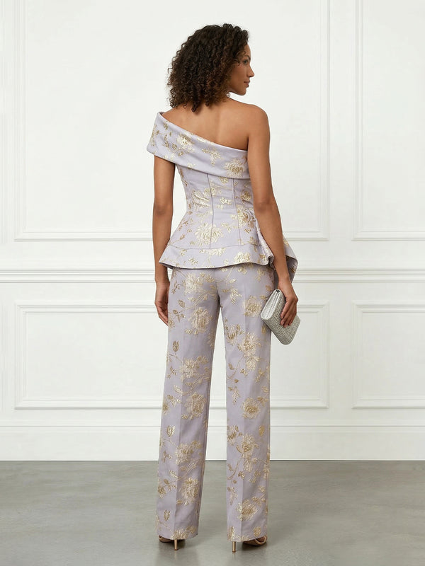 One Shoulder Jacquard Mother of the Bride & Groom Pantsuits