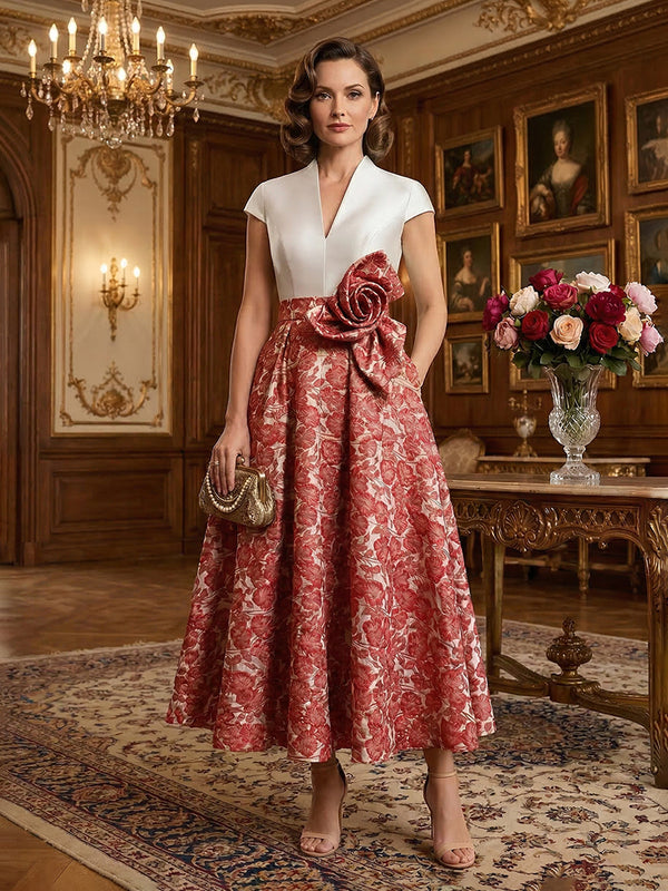 V-Neck Midi Jacquard Satin Mother of the Bride Dresses with 3D Flower