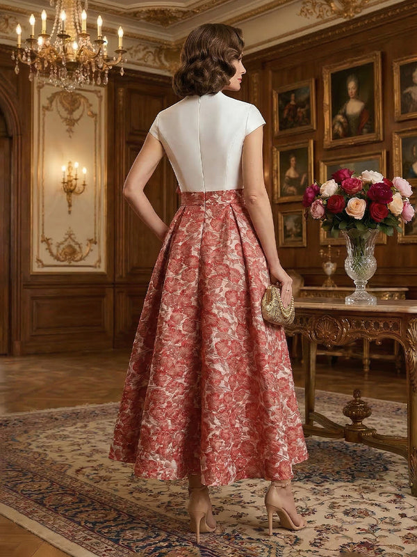 V-Neck Midi Jacquard Satin Mother of the Bride Dresses with 3D Flower