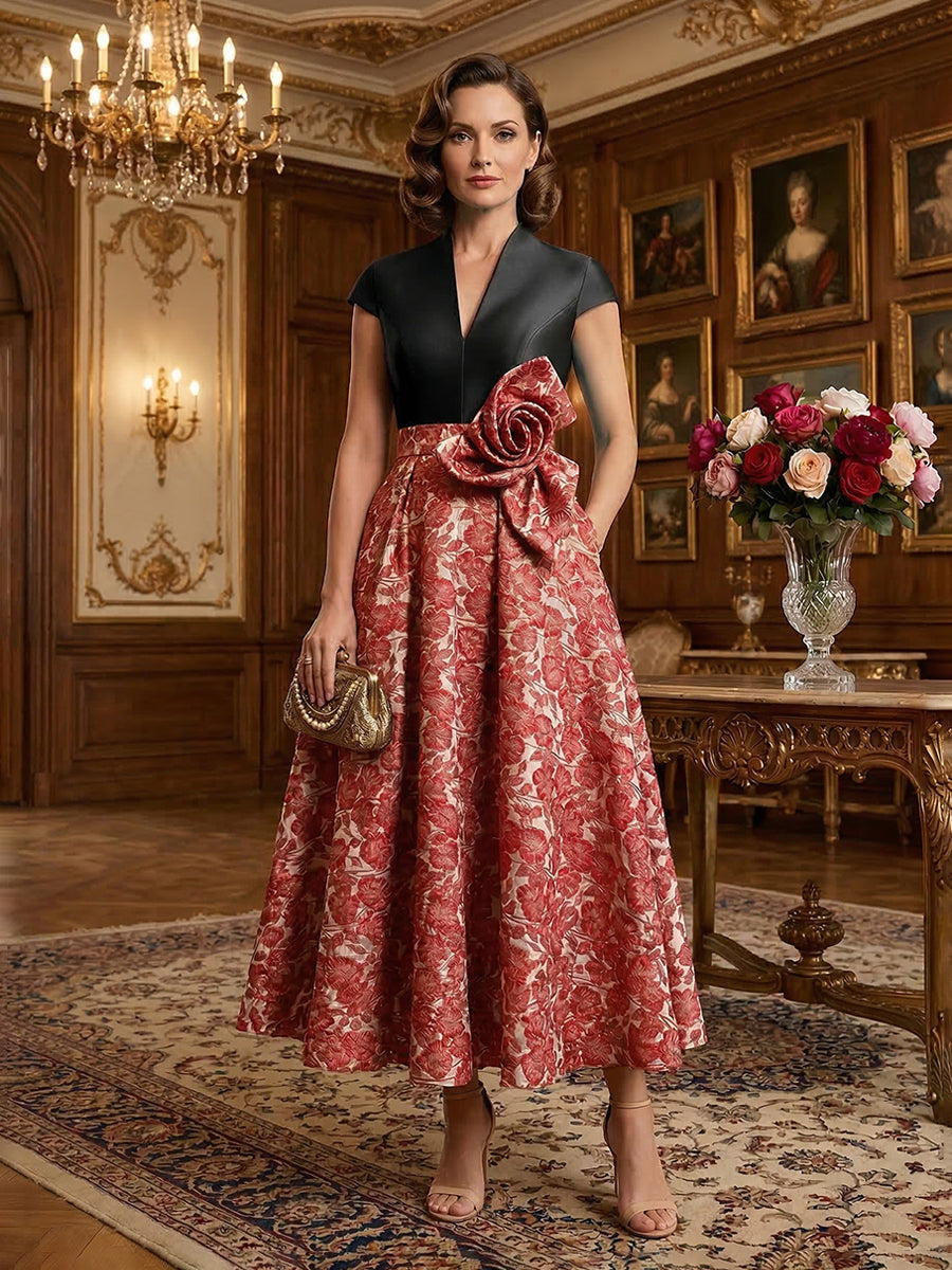 V-Neck Midi Jacquard Satin Mother of the Bride Dresses with 3D Flower