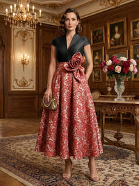 V-Neck Midi Jacquard Satin Mother of the Bride Dresses with 3D Flower