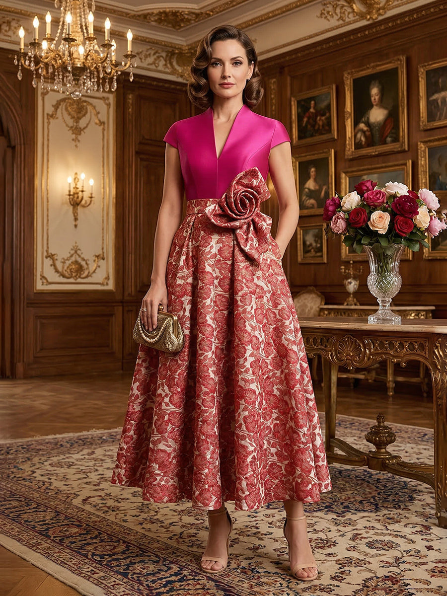 V-Neck Midi Jacquard Satin Mother of the Bride Dresses with 3D Flower