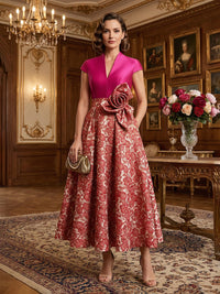 V-Neck Midi Jacquard Satin Mother of the Bride Dresses with 3D Flower