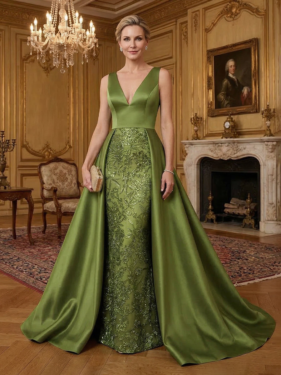 Sleeveless Satin Ruched Mother of the Bride Dresses with Sequin Embroidery