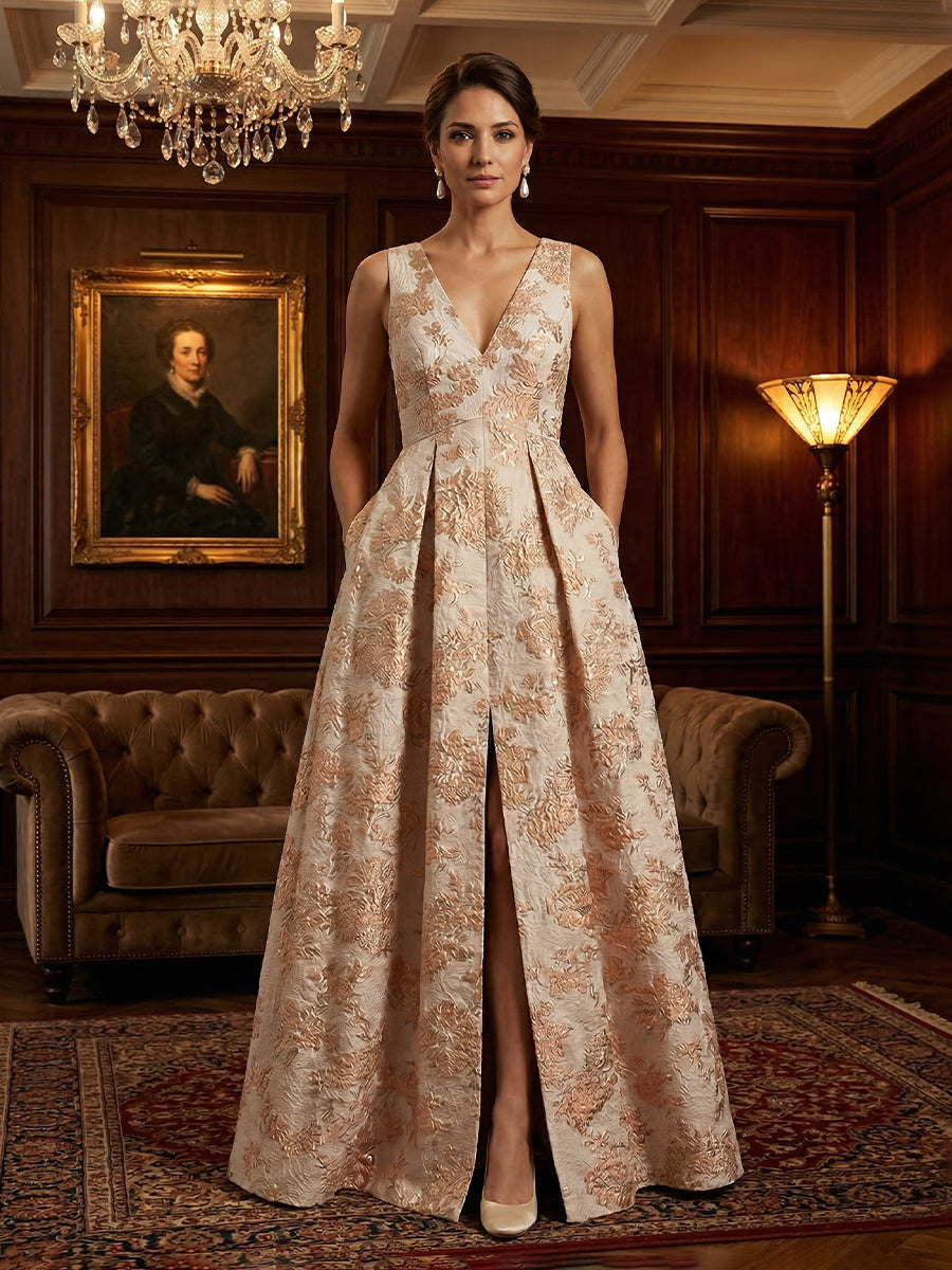 Sleeveless Jacquard Satin Ruched Mother of the Bride Dresses