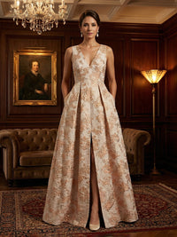 Sleeveless Jacquard Satin Ruched Mother of the Bride Dresses
