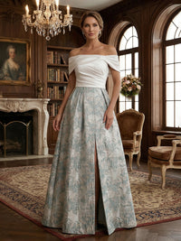 Off Shoulder Jacquard Satin Ruched Mother of the Bride Dresses
