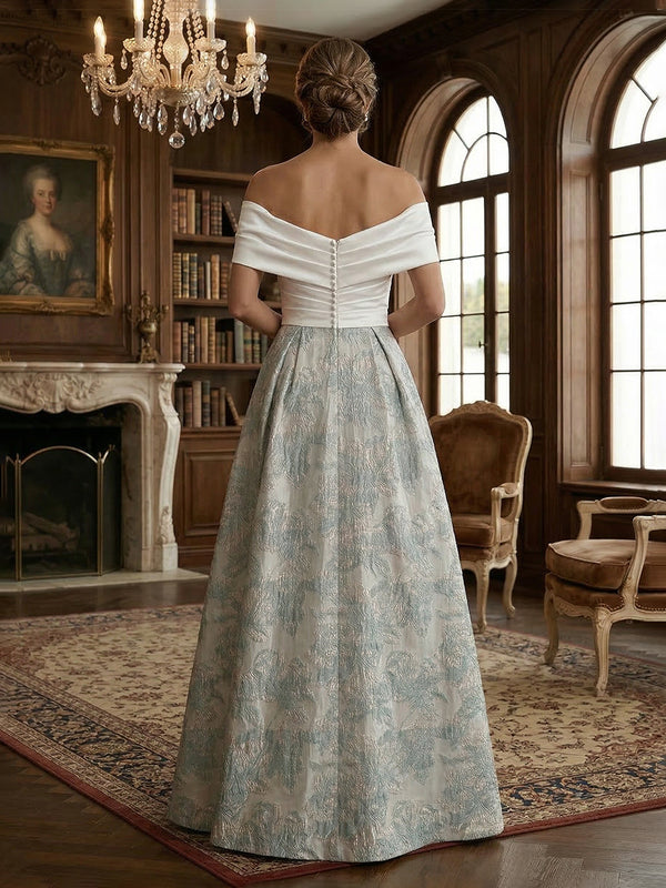 Off Shoulder Jacquard Satin Ruched Mother of the Bride Dresses