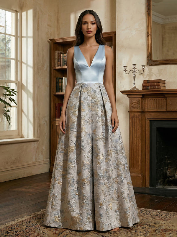 V-Neck Sleeveless Jacquard Satin Ruched Mother of the Bride Dresses