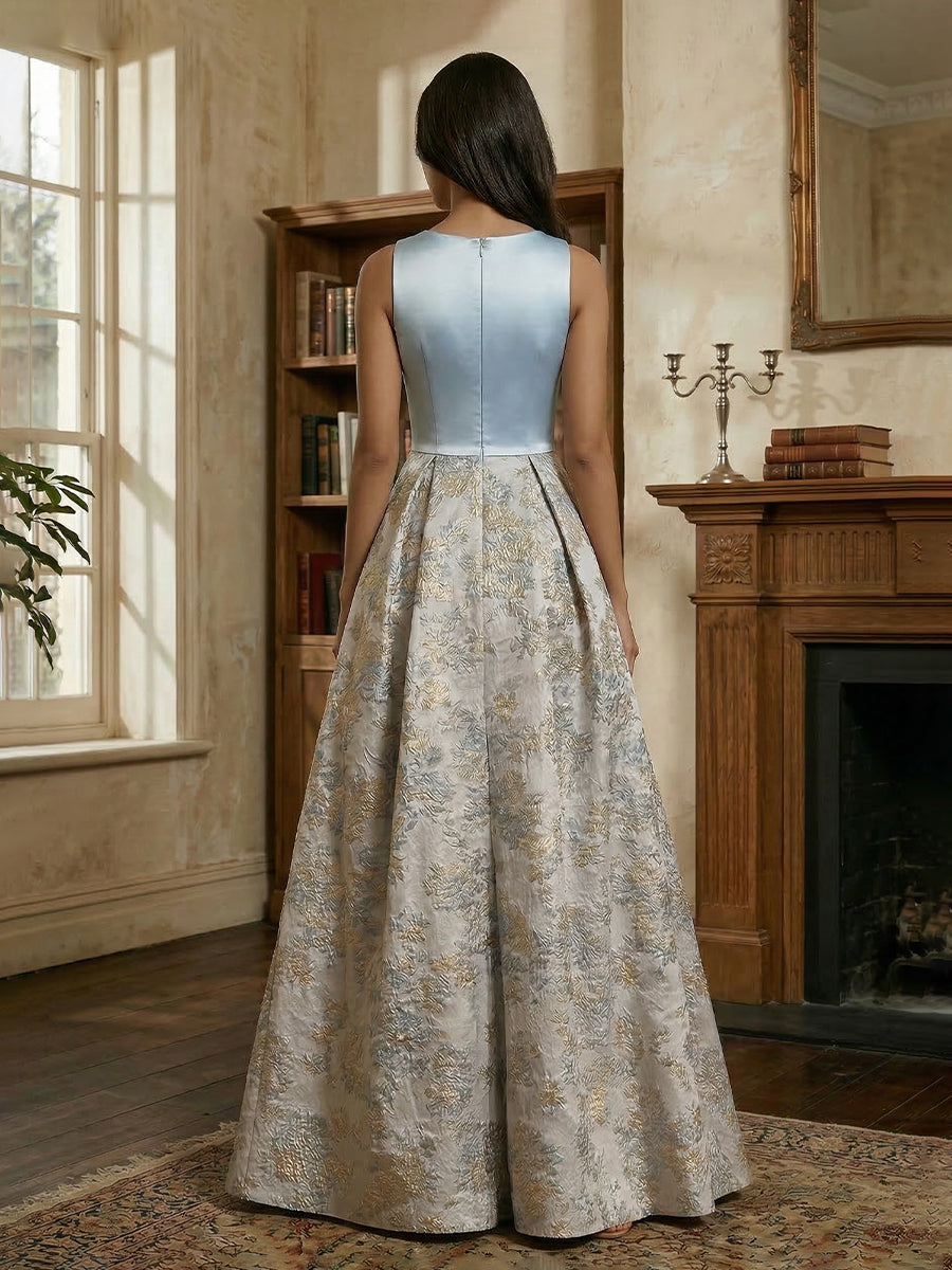 V-Neck Sleeveless Jacquard Satin Ruched Mother of the Bride Dresses