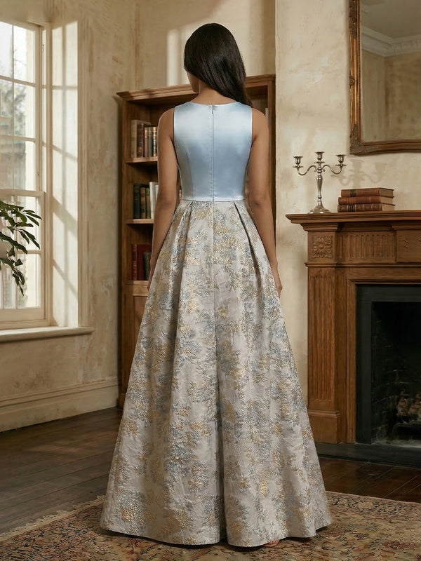 V-Neck Sleeveless Jacquard Satin Ruched Mother of the Bride Dresses