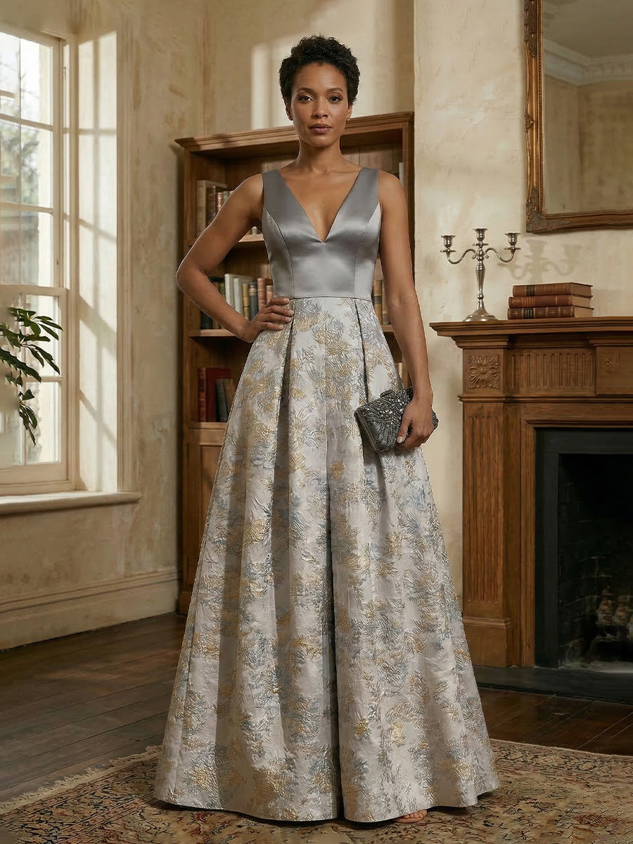 V-Neck Sleeveless Jacquard Satin Ruched Mother of the Bride Dresses