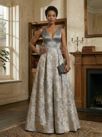 V-Neck Sleeveless Jacquard Satin Ruched Mother of the Bride Dresses