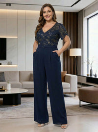 Short Sleeves Lace Appliques Mother of the Bride & Groom Pantsuits