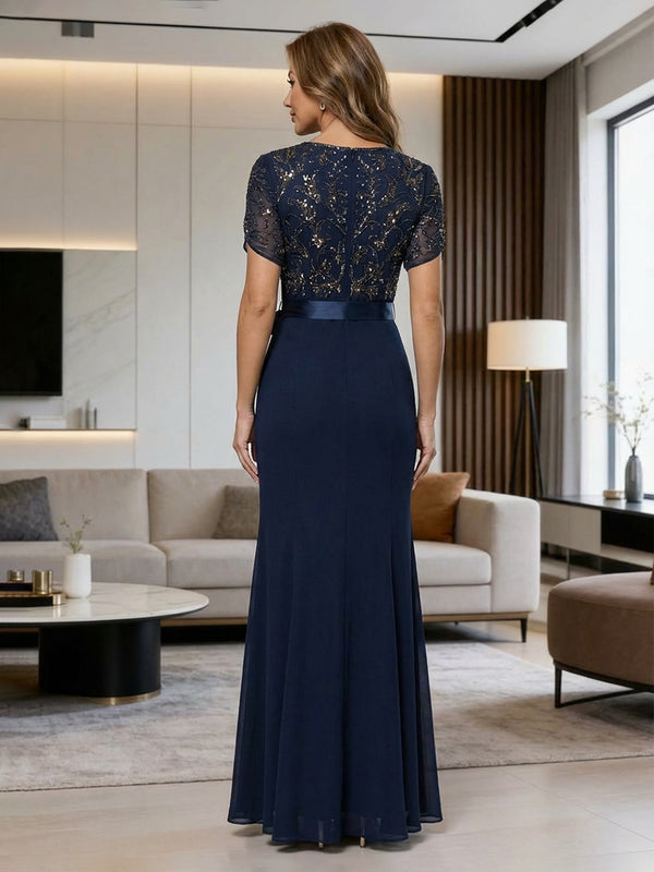 V-Neck Short Sleeves Appliques Mother of the Bride Dresses