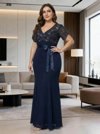 V-Neck Short Sleeves Appliques Mother of the Bride Dresses