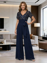 Short Sleeves Lace Appliques Mother of the Bride & Groom Pantsuits with Bow