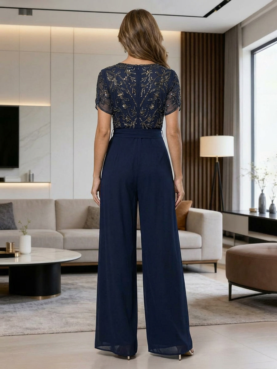 Short Sleeves Lace Appliques Mother of the Bride & Groom Pantsuits with Bow