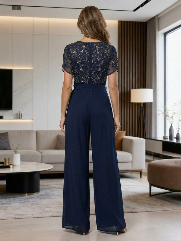 Short Sleeves Lace Appliques Mother of the Bride & Groom Pantsuits with Bow