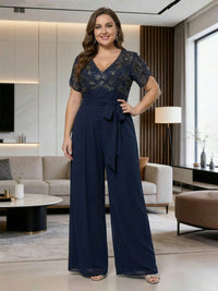 Short Sleeves Lace Appliques Mother of the Bride & Groom Pantsuits with Bow