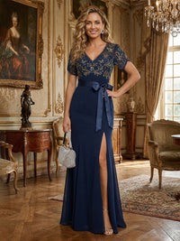 Short Sleeves Lace Appliques Mother of the Bride Dresses with Split