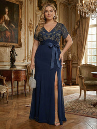 Short Sleeves Lace Appliques Mother of the Bride Dresses with Split