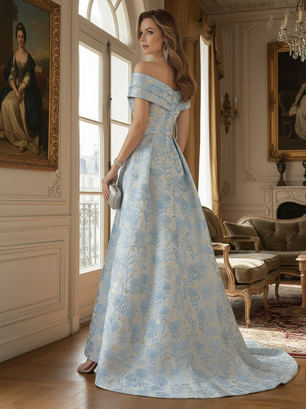 Off Shoulder Pleated Jacquard Mother of the Bride Dresses