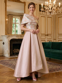 Cape Sleeve Pleated Jacquard Satin Mother of the Bride Dresses