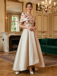 Cape Sleeve Pleated Jacquard Satin Mother of the Bride Dresses