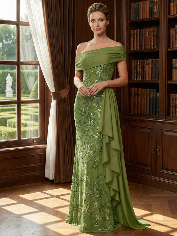 Off Shoulder Lace Appliques Sequins Mother of the Bride Dresses with Ruffles