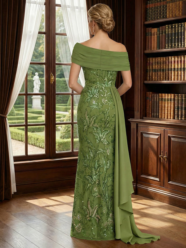 Off Shoulder Lace Appliques Sequins Mother of the Bride Dresses with Ruffles