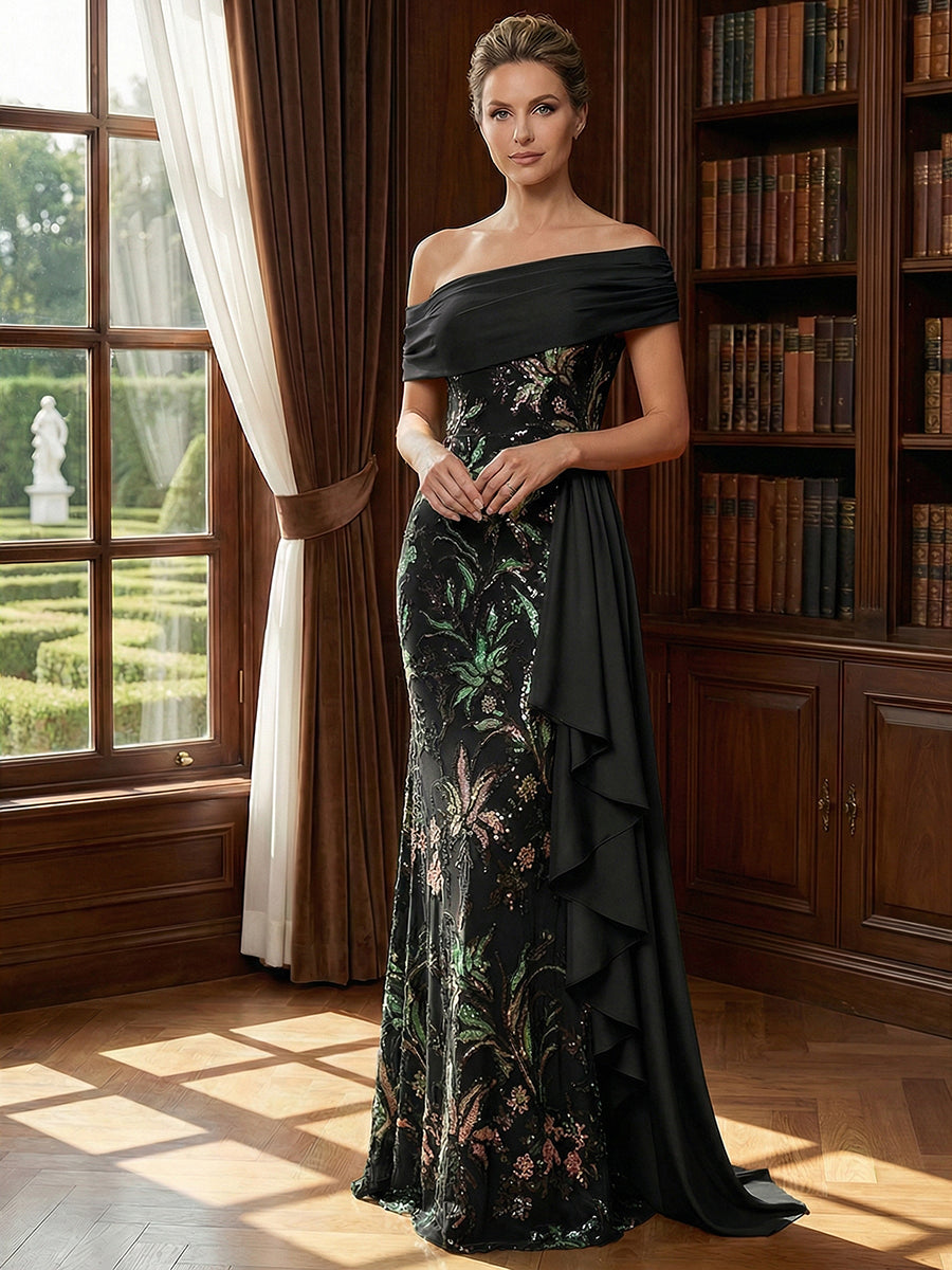Off Shoulder Lace Appliques Sequins Mother of the Bride Dresses with Ruffles