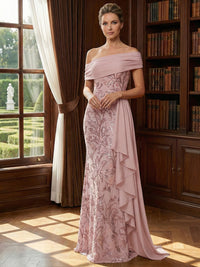 Off Shoulder Lace Appliques Sequins Mother of the Bride Dresses with Ruffles