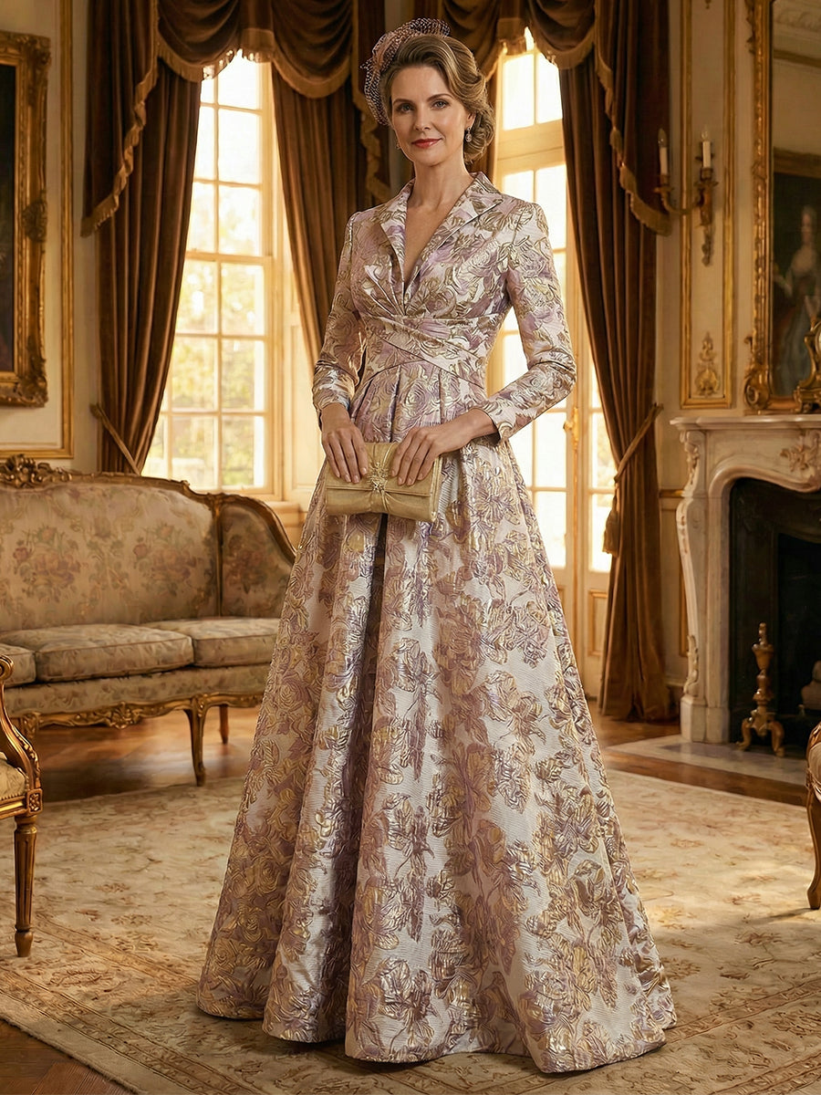 Long Sleeve Jacquard A Line Mother of the Bride Dresses Ruched