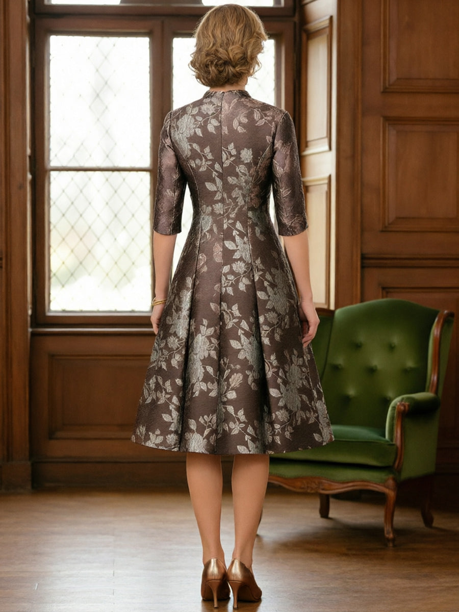 Half Sleeve Midi Jacquard A Line Mother of the Bride Dresses