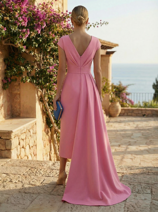 Cape Sleeve V-Neck Midi Satin Pleated Mother of the Bride Dresses