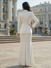 Two-Piece Mermaid Peak Lapel Plunging Maxi Office Suit with Blazer