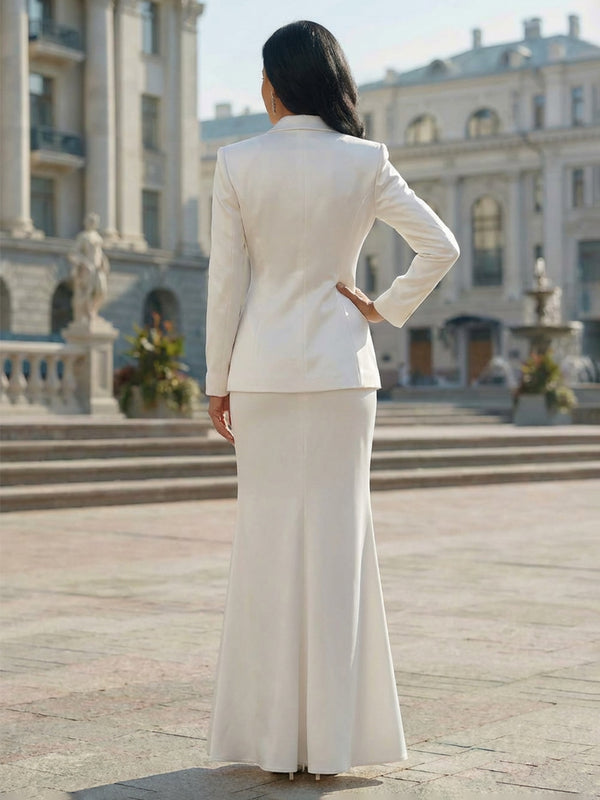 Two-Piece Mermaid Peak Lapel Plunging Maxi Office Suit with Blazer