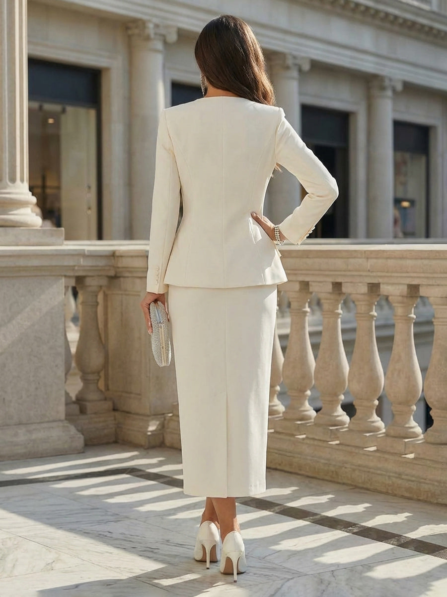 Women's Tailored Suit Sheath Midi Formal with Blazer Long Sleeve Office Suit