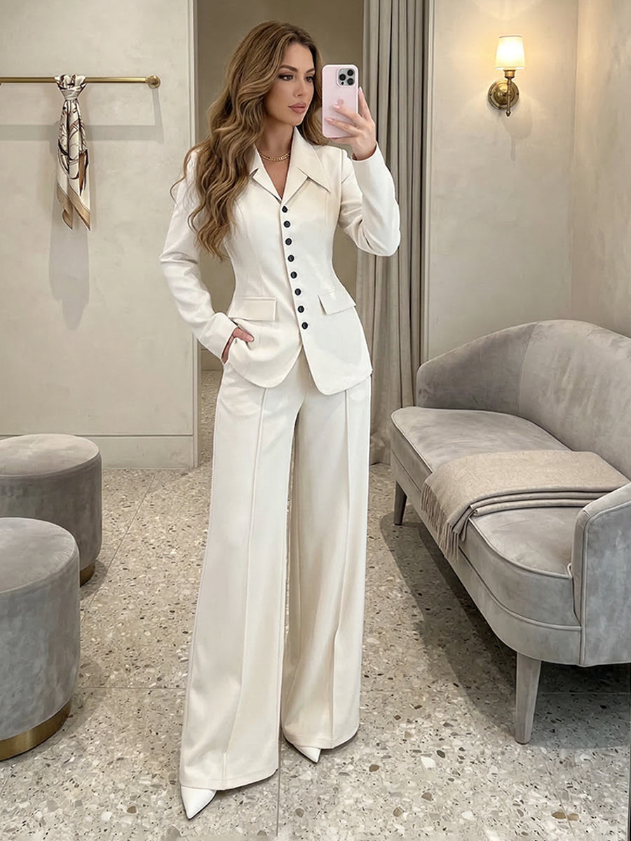 Two-Piece Tailored Suit Shirt Neck Formal Casual Blazer Set with Long Sleeve