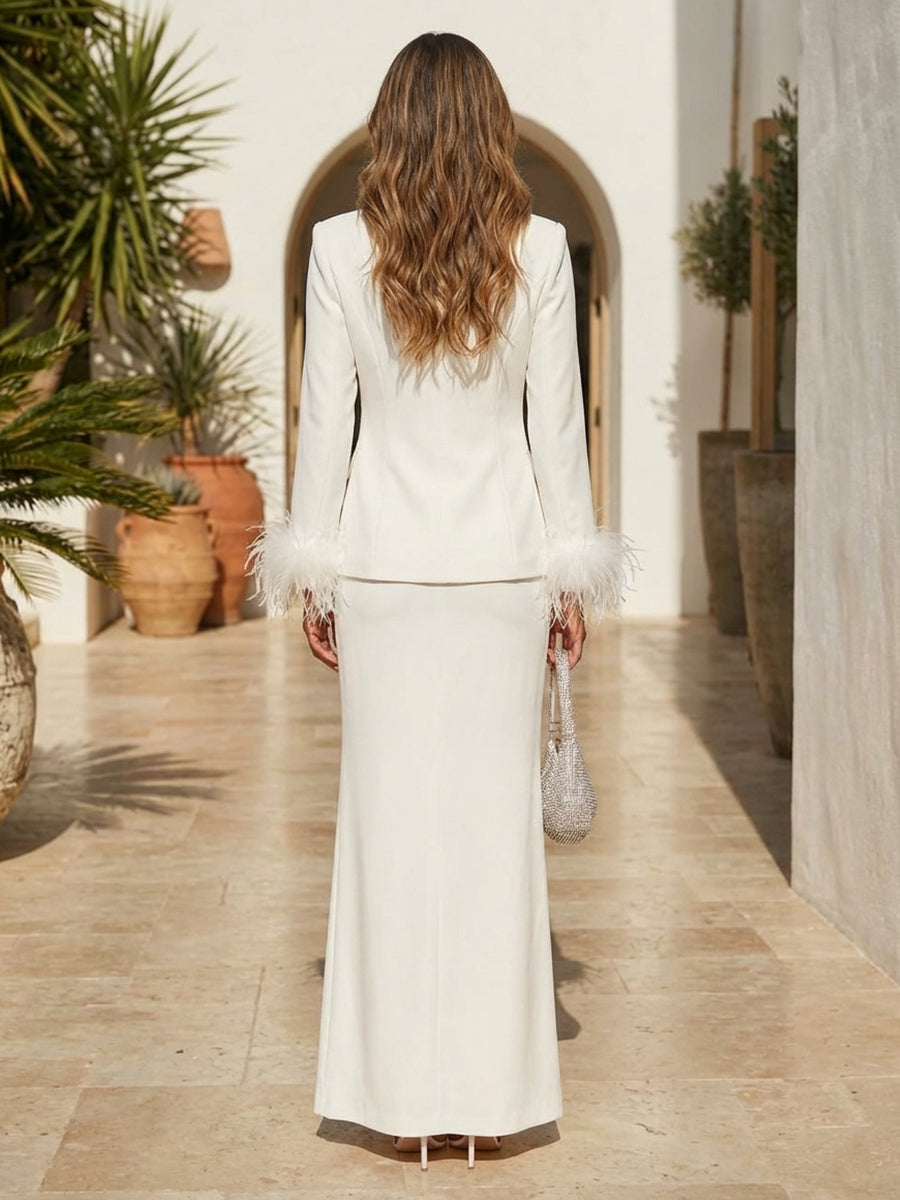 Two-Piece Sheath Maxi Business Suit Formal with Feather