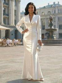Long Sleeve Mermaid Notched Lapel Satin Maxi Casual Blazer Set Formal Gowns