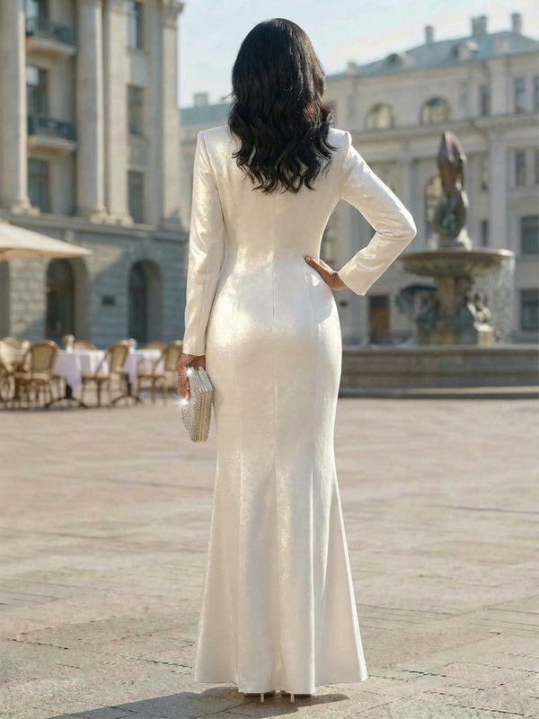 Long Sleeve Mermaid Notched Lapel Satin Maxi Casual Blazer Set Formal Gowns