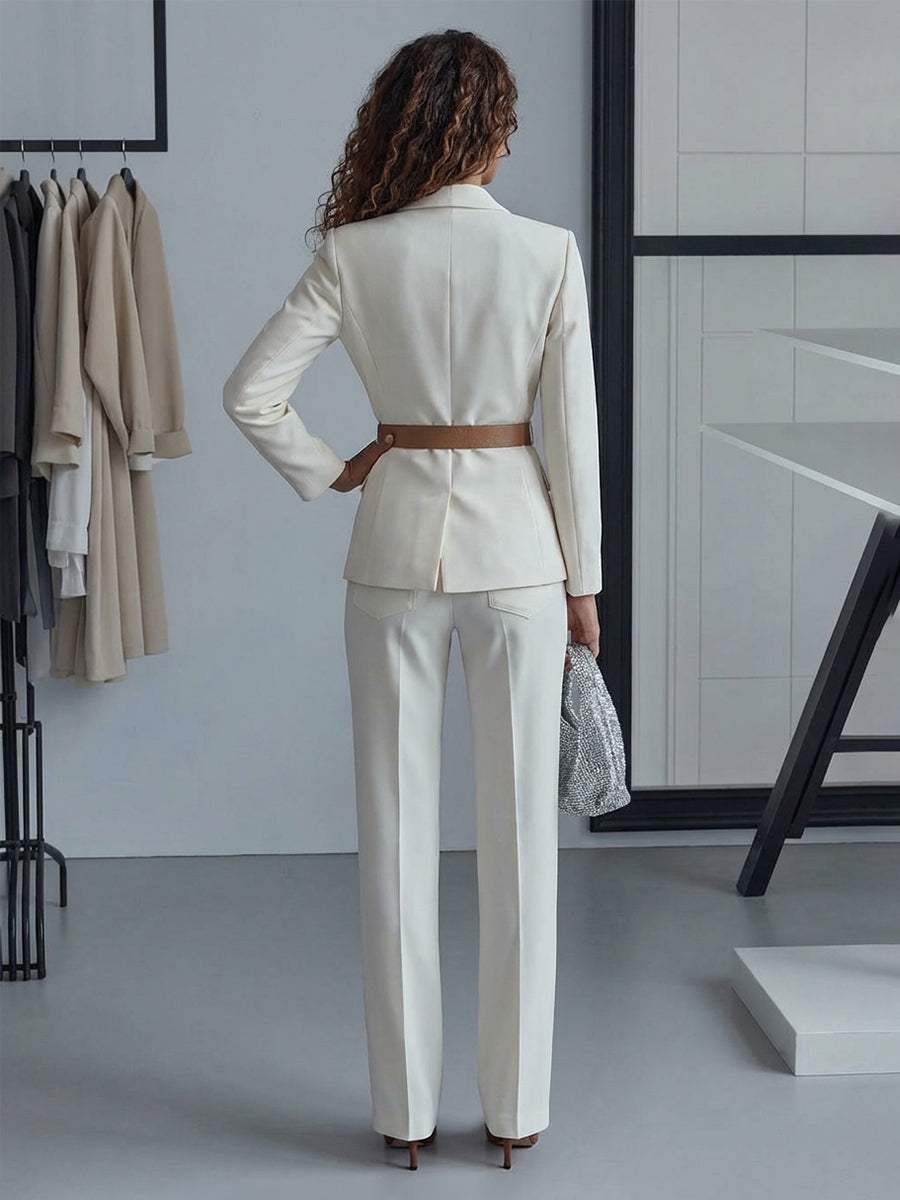 Women's Tailored Suit Two-Piece Notched Lapel Formal Business Suit with Belt
