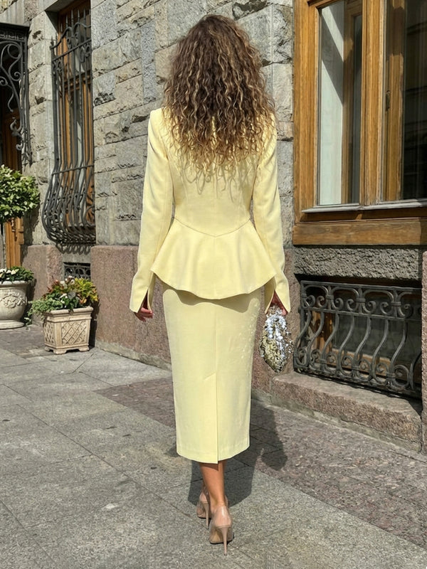 Elegant Sheath Single Breasted Satin Ruffle Formal Women’s Casual Blazer Set with Long Sleeve