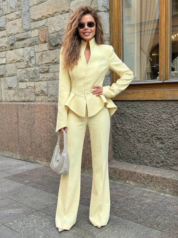 Elegant Chic Pantsuit Satin Ruffle Women’s Casual Blazer Set with Blazer