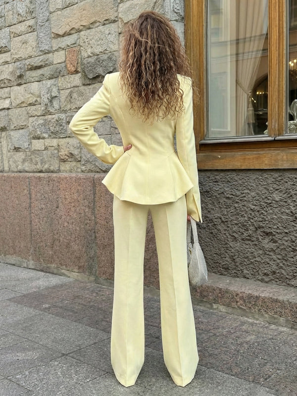 Elegant Chic Pantsuit Satin Ruffle Women’s Casual Blazer Set with Blazer