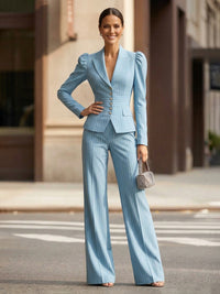 Elegant Pinstripe Bubble Long Sleeve Pantsuit Formal Two-Piece Set with Blazer