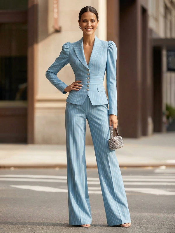 Elegant Pinstripe Bubble Long Sleeve Pantsuit Formal Two-Piece Set with Blazer